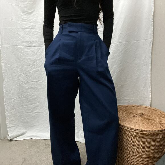 banana republic blue linen cotton high waisted pleated wide leg trousers pants - Picture 3 of 7